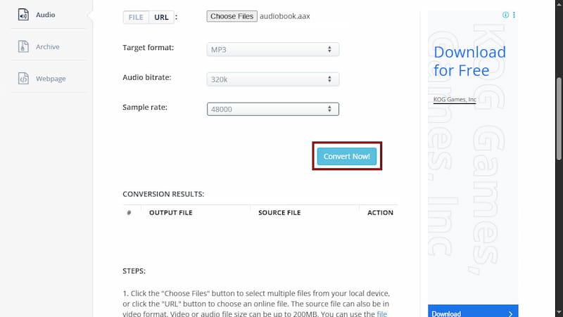 Begin Conversion in Aconvert