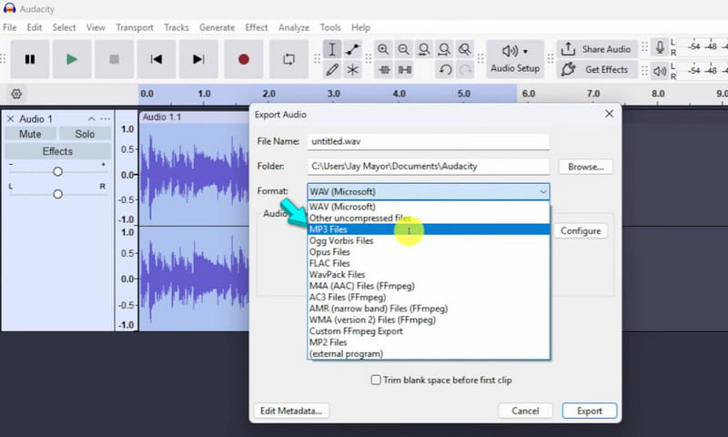 Export AS MP3 in Audacity