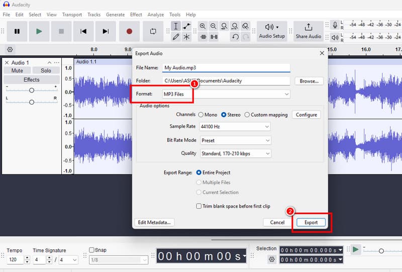 Select MP3 Export Audacity