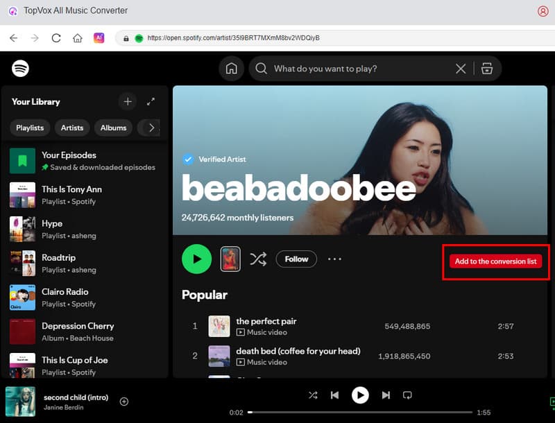 Tap Add to Conversion List Topvox
