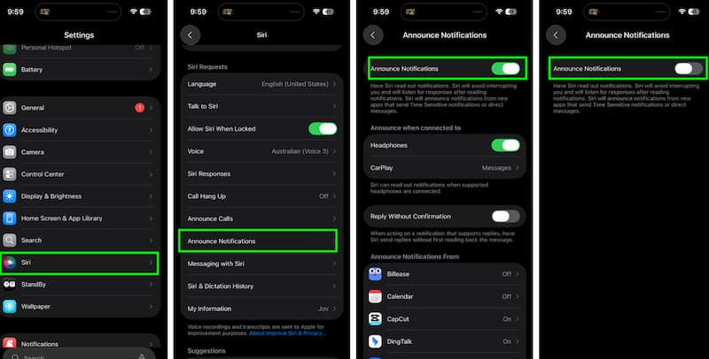 Turn Off Siri Announcing Notifications