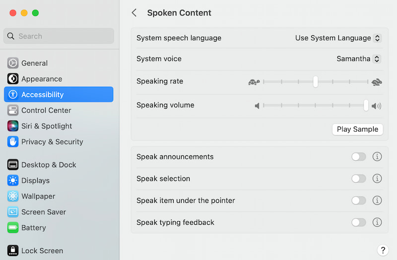Accessibility Spoken Content Toggle off