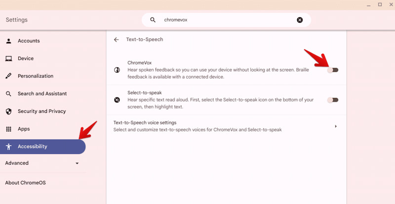 Chromebook Text to Speech Chromevox off