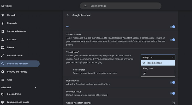 Chromebook Turn off Google Assistant