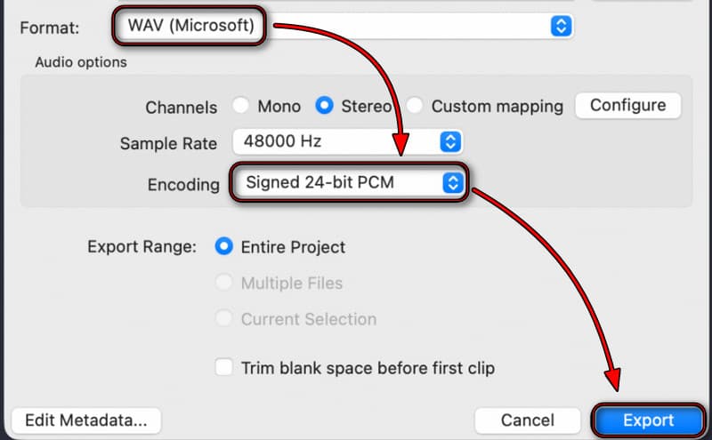 Select Wav And Export In Audacity