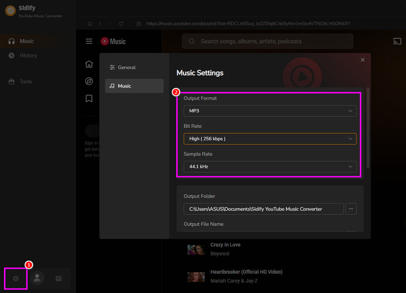 Settings Option Audio Format Sidify