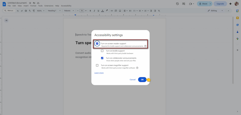 Enable screen reader