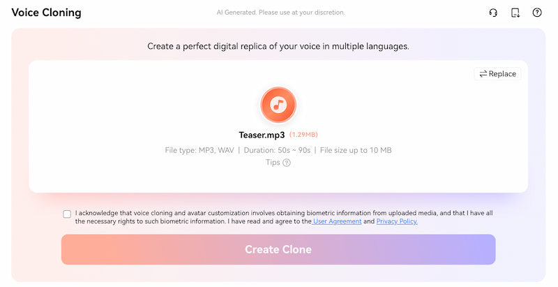 Virbo Create Clone Button