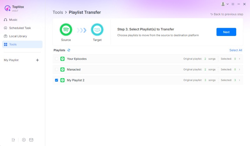 Select Playlist to Transfer